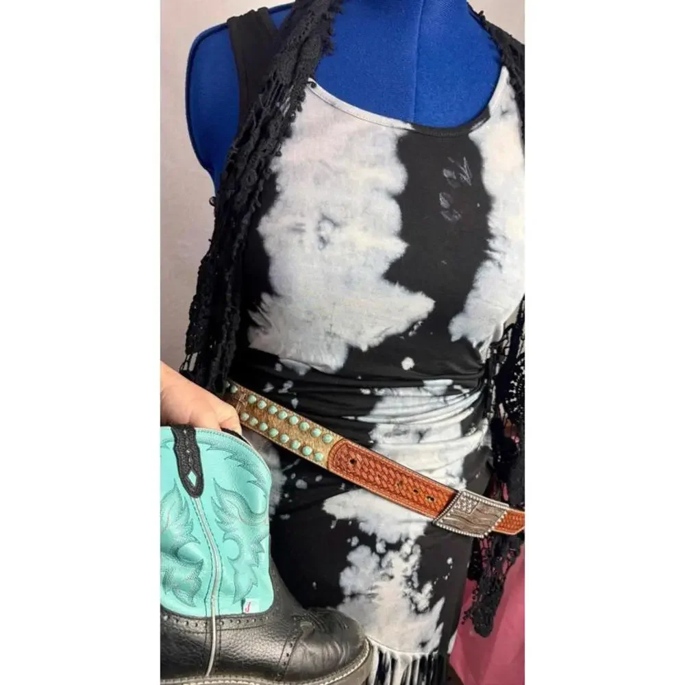 Vintage Hand Tooled Western Belt Turquoise Y2K Cowgirl Grunge Genuine Leather 38